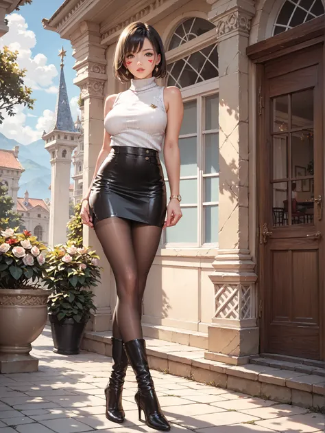 (inspired by ),(masterpiece, best quality),beautiful-woman, ((detailed face)),((detailed body)),(full body:1.3).
The woman is wearing sleeveless turtleneck sweater and pencil-skirt with pantyhose ,((black knee-length-boots with high-heels :1.5.)),