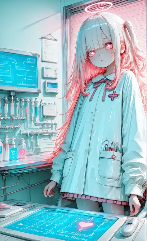 high definition, 8K Wallpaper, top quality, Adorable electronic doctor, cute robot doctor, focuses on treating both the body and machine、advanced medical inn bright-eyed young woman with plant, maintains a balance between human empathy and technical accura...