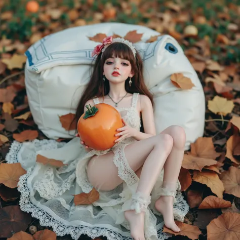 (((at SFW))), (Acutance:0.88), ExtremelyDetailed Dumped a beautiful detailed porcelain Little doll, Lying FullBody in FIBC, (Buried in Autumn Fallen Leaves:1.37), exquisite detailed face, soft innocent expression, Elaborate lace knitted red NightWear, (aba...