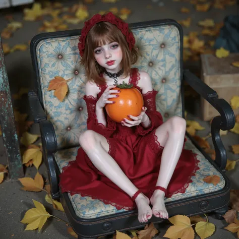 (((at SFW))), (Acutance:0.88), ExtremelyDetailed Dumped a beautiful detailed porcelain Little doll, Lying FullBody in FIBC, (Buried in Autumn Fallen Leaves:1.37), exquisite detailed face, soft innocent expression, Elaborate lace knitted red NightWear, Pano...