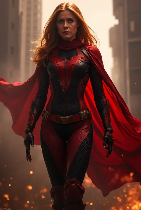 mulher , Smooth and wavy red hair wearing Red and Black superhero uniform 
