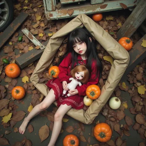 (((at SFW))), (Acutance:0.88), ExtremelyDetailed Dumped a beautiful detailed porcelain Little doll, Lying FullBody in FIBC, (Buried in Autumn Fallen Leaves:1.37), exquisite detailed face, soft innocent expression, Elaborate lace knitted red NightWear, Pano...