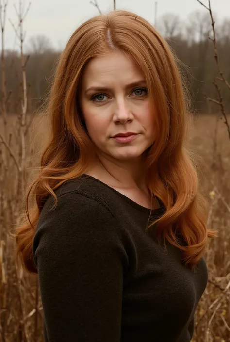 mulher , Smooth and wavy red hair The background consists of dry, brown grass and some indistinct, leafless trees, suggesting a late fall or early winter scenario. The photograph has natural gold tones , documentary style, emphasizing realism and the exter...