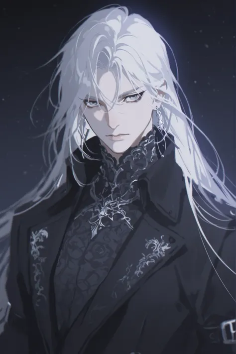 best quality, masterpiece, 1man, male character, white_hair, long_hair, pale, straight_hair, mature face, dark fantasy, {white, silver, splash art}, pattern undershirt, leg_belt, embroidery:1.4, starry background, round eyes, white lingerie pattern), yone...