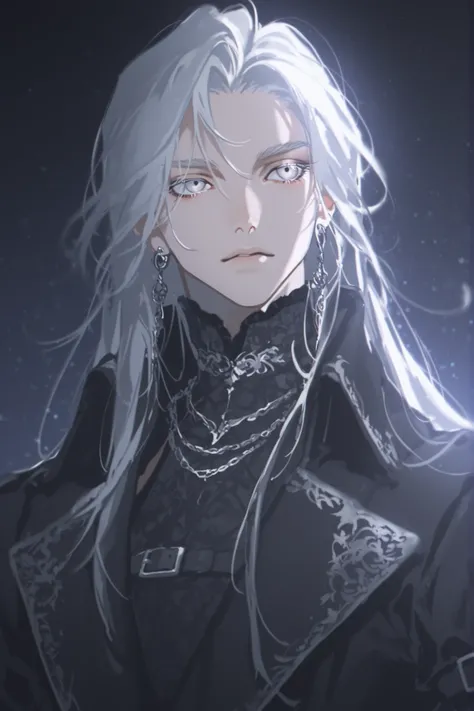 best quality, masterpiece, 1man, male character, white_hair, long_hair, pale, straight_hair, mature face, dark fantasy, {white, silver, splash art}, pattern undershirt, leg_belt, embroidery:1.4, starry background, round eyes, white lingerie pattern), yone...
