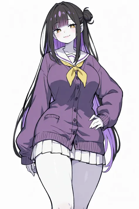 safe_pos, 1girl, Balecxi_Style, Emilia \(Re Zero)\ hairstyle, solo female, day time, white background, big breasts, loose hair, black hair, purple hair, colored inner hair, hair intakes, long hair, multicolored hair, one side up, two-tone hair, very long h...