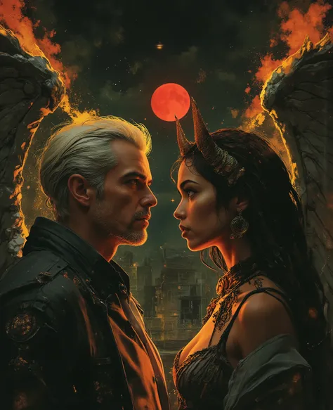 A captivating portrait shows an angel and a demon in staring at each other and enraptured. On the left appearing 40, a handsome aquiline looking man with short stylish white hair and a wry expression wears a dark, fancy high-collared coat and other expen...