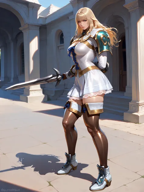 soft to the touch,Delicate Body Curves,Realistic Human Body,Pura,Soul Calibur,moving poses,
female character with light armor and mini skirt,solo,draw,Blonde long hair style,Knitted tights,
 a Greek temple ,(masterpiece),(top quality),(very detailed),(best...
