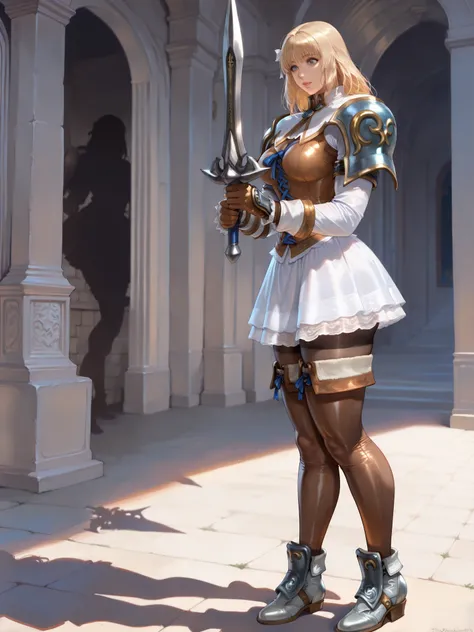soft to the touch,Delicate Body Curves,Realistic Human Body,Pura,Soul Calibur,The Blacksmith's Daughter,The Bakery's Granddaughter,moving poses,
female character with light armor and mini skirt,solo,,Blonde,Knitted tights,
 a Greek temple ,(masterpiece),(t...