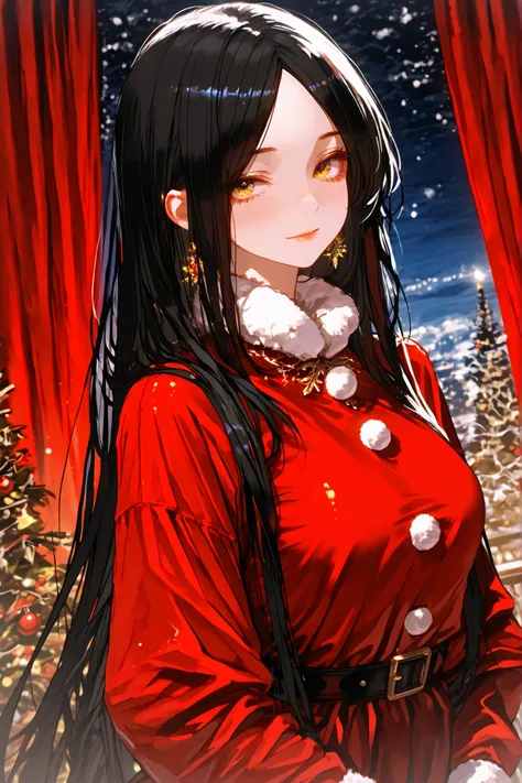 (Masterpiece Level:1.2, Highest Quality), 
(Meticulously Detailed CG, Ultra-Detailed), 
(Extremely Detailed and Beautiful:1.1), (Perfect detail:1.1),
Solo, Only one girl, elegant female posture,
very long hair, black hair curtain hair, no bangs:1.2, gold e...