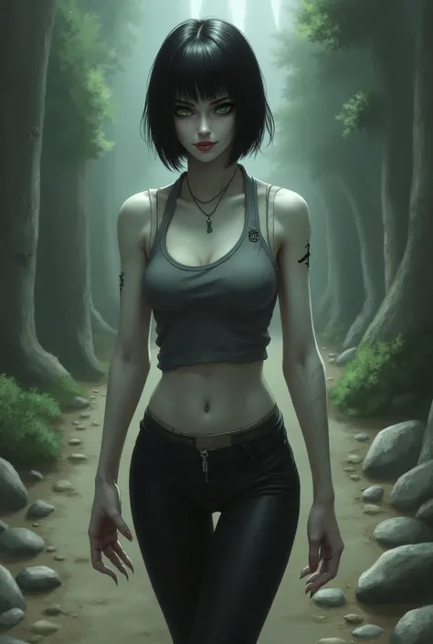 REALISTIC illustration, retrato, vampiric woman in her 20s, short black hair style boy with a fringe, very pale skin, dark green eyes, comon face, thin but fibrous body of an athlete, flat breast, (((con garras salvajes))), sudadera gris de deporte con cap...