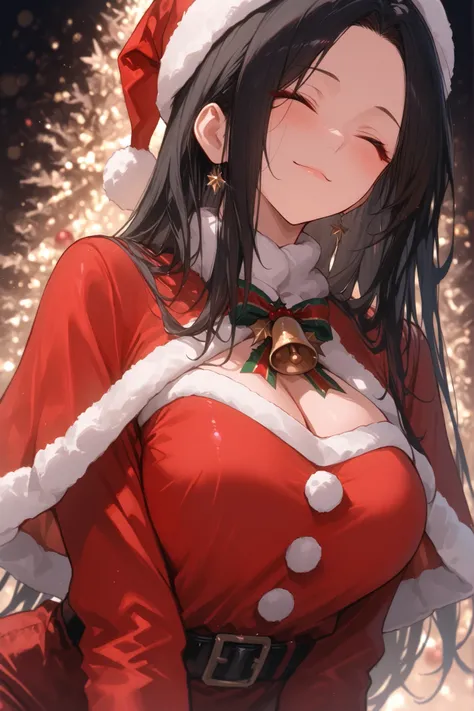 masterpiece, high quality, utra-detailed,
1 female, solo, elegant female posture, around 30 years old, long black hair, forehead, off-center part, closed eyes, faint smile, red santa clothes, x-mas, christmas