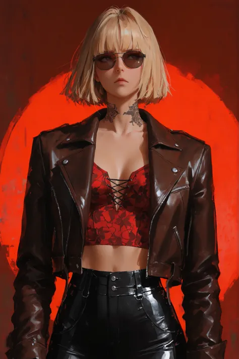 1girl, solo centered, female, centered, standing, sunglasses, short blonde hair, bangs, tattooed neck, red cowboy-style pattern leather jacket and bralette underneath, laced tight pants, elegant, serious, harsh dramatic lighting, Korean comic style , semi-...