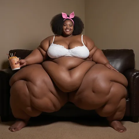 Full-body shot of an exquisitely beautiful African American Black teenage woman, impossibly fat and morbidly obese USSBBW over 2000lb, immobilized by endless cascading fat rolls. Sitting on a straining sofa, her gigantic apron belly overflows massively ont...