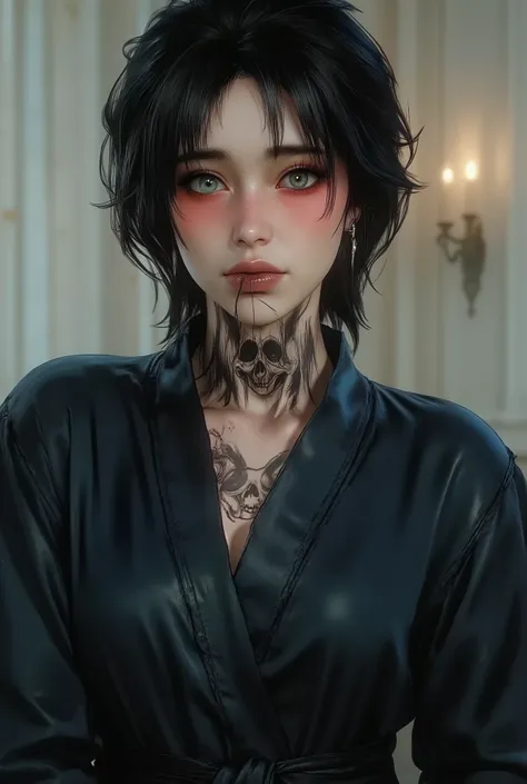 a digital art image featuring a woman with dark, messy hair and glasses, wearing a dark blue, leather-look robe or dressing gown tied at the waist. She has a prominent tattoo resembling a skull on her neck. The overall style is realistic 3D rendering with ...