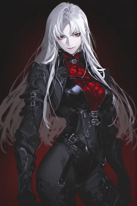 best quality, masterpiece, 1girl, white_hair, long_hair, red pattern, vampire, straight_hair, neutral expression, mature face, dark fantasy, belts, arm belt, leg belt, lingerie pattern), 1girl, cowboy_shot, blurry, black jacket, leather, smile, eyeliner, ...
