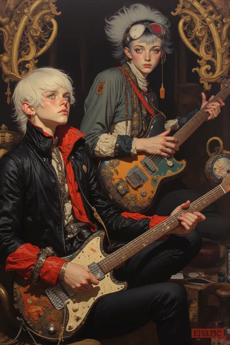 anatomically accurate,(( Bartolomé Murillo)) ((Cyberpunk's)), unique , A concert is being held on a luxurious cruiser , rock musician , tow young male persons play their guitars, blonde long, ((Bartolomé Esteban Murillo style)), darkness,SF, ((top qualit...