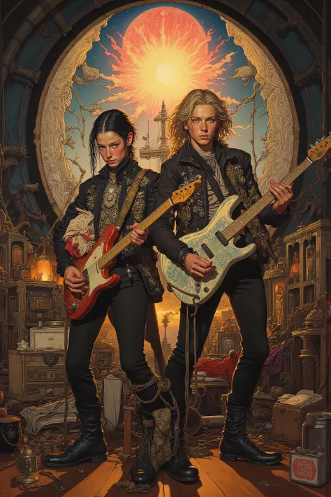 anatomically accurate,(( Bartolomé Murillo)) ((Cyberpunk's)), unique , On a ship bathed in sunshine, rock musician , tow young male persons play their guitars, blonde long, ((Bartolomé Esteban Murillo style)), darkness,SF, ((top quality, masterpiece)), (...