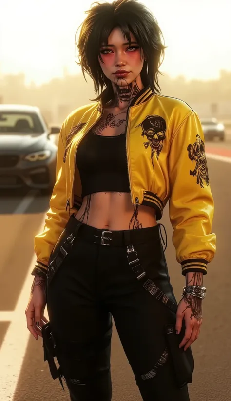 Full-body digital art of a woman standing on a racing track. She has dark, messy hair that frames her face with a raw, untamed energy. A prominent skull-shaped tattoo is visible on her neck, adding a rebellious edge. She wears a bright yellow bomber jacket...