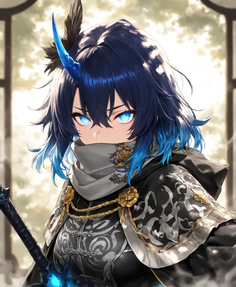 FCV1,rhythm, blue eyes, blue hair, medium hair, single horn, 748cmstyle,(looking at viewer, side shot:0.72), warrior, (face shot:1.1), (1girl:0.665), solo, masterpiece, best quality, amazing quality, very aesthetic, high resolution, ultra-detailed, thick h...