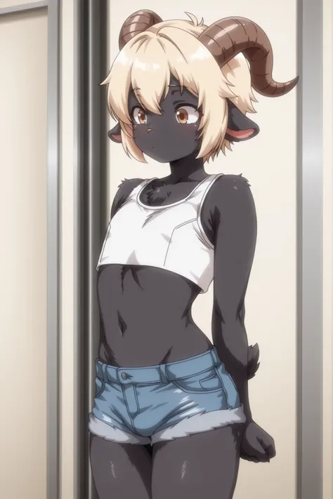 Masterpiece, rating_safety, best quality, /(1boy,cute face,cute boy,shota,femboy,Otoko no ko,furry, anthro, goat boy, goat ears,goat tail, goat eyes,goat horns,curly fur, black fur, flat chest, slim body, sport wear, denim shorts, crop top, short hair, hai...