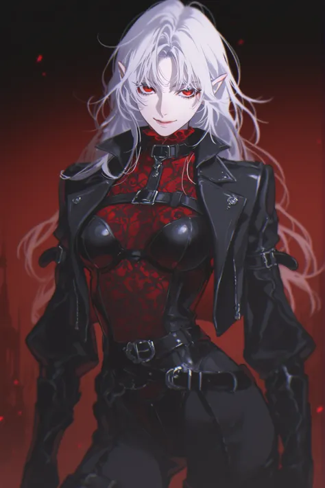best quality, masterpiece, 1girl, white_hair, long_hair, red pattern, vampire, straight_hair, messy hair, neutral expression, mature face, dark fantasy, belts, arm belt, leg belt, lingerie pattern), 1girl, cowboy_shot, blurry, black jacket, leather, smile...