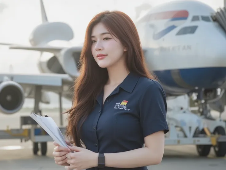 A portrait image shows a beautiful aviation engineer standing in a runway.
She is Korean-Thai. She has a long, fluffy haircut that shows off her narrow forehead. She has a voluptuous figure. She is chubby-sexy. She has a cherry-red hair colour. She smiles...