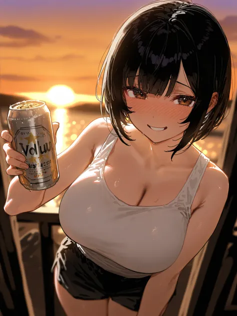  high resolution image , masterpiece, top quality, great quality, absurdres,ultra detailed,8K,volumetric lighting, depth of field, 1girl, bob haircut, straight bangs, black hair, brown eyes, big breasts, looking at viewer, white tank top, black boy shorts,...