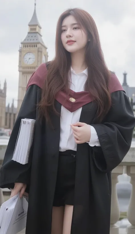 A portrait image shows a young Korean-Thai woman standing on the road in London.
She has a long, fluffy haircut, showing off her narrow forehead. She has a voluptuous figure. She is chubby-sexy. She has a dark cherry-red hair colour. She wears a graduatio...