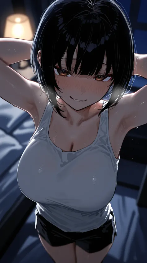  high resolution image , masterpiece, top quality, great quality, absurdres,ultra detailed,8K,volumetric lighting, depth of field, 1girl, bob haircut, straight bangs, black hair, brown eyes, big breasts, looking at viewer, white tank top, black boy shorts,...