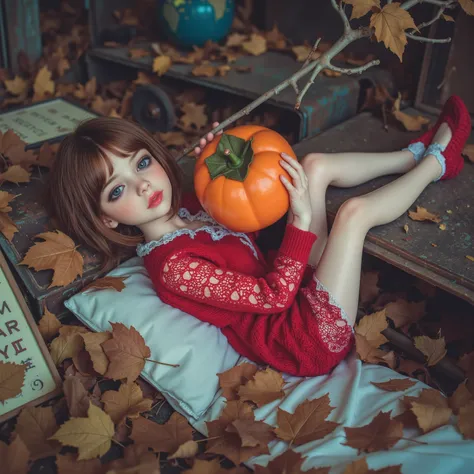 (((at SFW))), (Acutance:0.88), ExtremelyDetailed Dumped a beautiful detailed porcelain Little doll, Lying FullBody in FIBC, (Buried in Autumn Fallen Leaves:1.37), exquisite detailed face, soft innocent expression, Elaborate lace knitted red NightWear, Pano...