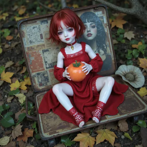 (((at SFW))), (Acutance:0.88), ExtremelyDetailed Dumped a beautiful detailed porcelain Little doll, Lying FullBody in FIBC, (Buried in Autumn Fallen Leaves:1.37), exquisite detailed face, soft innocent expression, Elaborate lace knitted red NightWear, Pano...