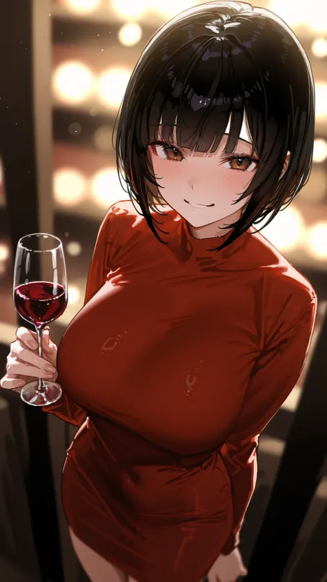  high resolution image , masterpiece, top quality, great quality, absurdres,ultra detailed,8K,volumetric lighting, depth of field, 1girl, bob haircut, straight bangs, black hair, brown eyes, big breasts, fair skin, tight red dress, smiling, looking at view...