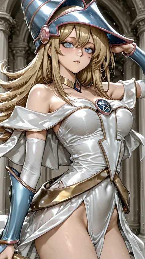 beautiful dark magician gils . blue eyes. blond hair. luminous costume . Sensual pose walking in slow motion.