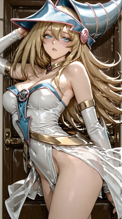 beautiful dark magician gils . blue eyes. blond hair. luminous costume . Sensual pose walking in slow motion.