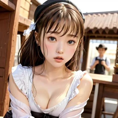     
Woman Delivering Coffee by Bicycle、(cute woman, adorable heroine),( On:1.25),1girl,  Cowboy Shot, worried expression, 
coffee delivery guy, 18, small breasted,small breasted、flat chest、（small top:1.6）、
brown hat,A white bicycle ,「COFFEE」A large bag wi...