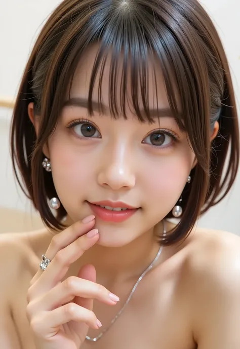 {{{Beautiful, porcelain-like skin,naked girls:１６age:, small breasts：Nipples：Areola}}, long straight black hair with pastel pink highlights, , wears silver accessories and butterfly earrings, teeth、is posing indoors with her fingers close to her lips, soft ...