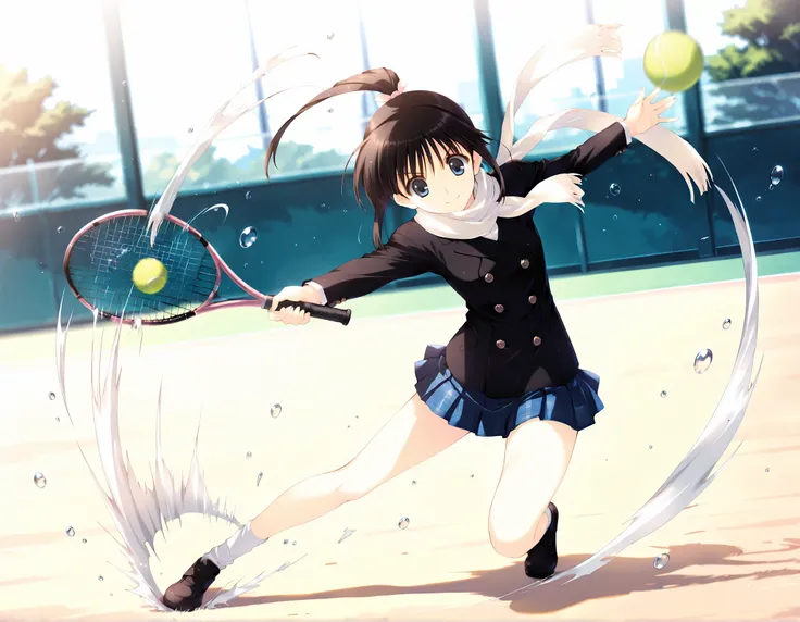 masterpiece,best quality,good quality,newest, outdoors,day, smile, looking at viewer, solo, anime coloring, sugiura_koharu\(white_album_2\),1girl,black hair,ponytail,hair ribbon,blue eyes, white scarf,black jacket,double-breasted, plaid_skirt,pleated_skir...