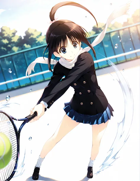 masterpiece,best quality,good quality,newest, outdoors,day, smile, looking at viewer, solo, anime coloring, sugiura_koharu\(white_album_2\),1girl,black hair,ponytail,hair ribbon,blue eyes, white scarf,black jacket,double-breasted, plaid_skirt,pleated_skir...
