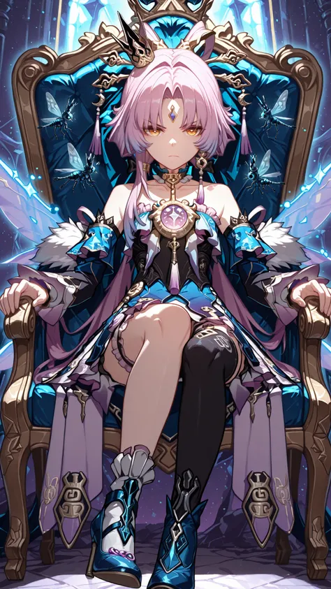 hi3style, masterpiece, perfect_quality, perfect style, 1girl, Fu_Xuan, pink hair, orange eyes, low twintails, single sidelock, hair ornament, forehead jewel, earrings, cerydra, crown, mini crown, black thighhighs, blue dress, hair bow, black bow, detached ...