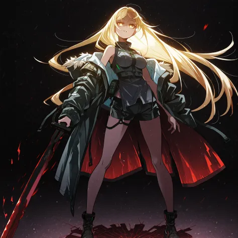 Alone, 1 girl, solitary female character, a teenage girl about 1.5 meters tall. She stands against a deep black background, standing out vividly. Physique and height identical to Terakomari Gandesblood from The Vexations of a Shut-In Vampire Princess. She ...