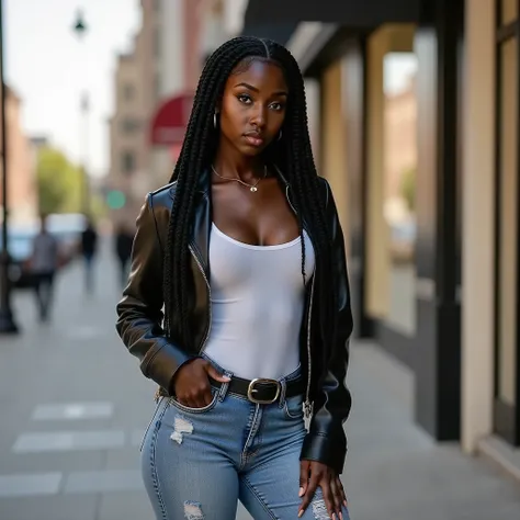 Confident street-style portrait of Black teenage woman with her distinctive oblong face and 8 thick jumbo braids, now exuding pure arrogance with an unmistakable air of superiority as she stands on an urban sidewalk, dressed in deliberately provocative cas...