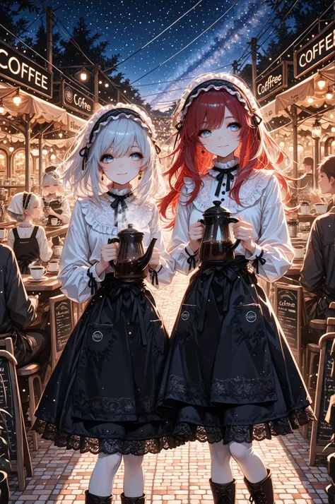 lively town square at night, star-filled sky.

foreground, main focus:
the coffee-delivery waitress handing a cup of coffee to a customer.
two people in the foreground only: the waitress and one customer.

the waitress:
(frilled headband, long red hair blo...