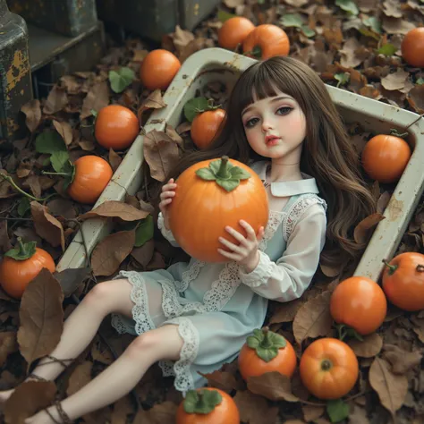 (((at SFW))), (Acutance:0.88), ExtremelyDetailed Dumped a beautiful detailed porcelain Little doll, Lying FullBody in FIBC, (Buried in Autumn Fallen Leaves:1.37), exquisite detailed face, soft innocent expression, Elaborate lace knitted red NightWear, (aba...