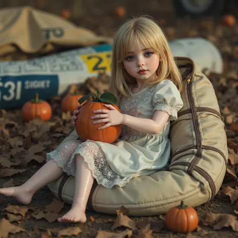 (((at SFW))), (Acutance:0.88), ExtremelyDetailed Dumped a beautiful detailed porcelain Little doll, Lying FullBody in FIBC, (Buried in Autumn Fallen Leaves:1.37), exquisite detailed face, soft innocent expression, Elaborate lace knitted red NightWear, (aba...