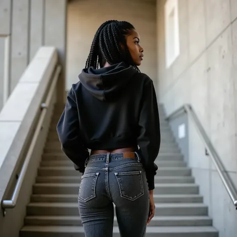 minaelmi,Striking full-body rear view of the same Young Black Teenage woman with her distinctive slender silhouette and thick jumbo braids partially visible beneath her black hooded jacket worn with hood up, photographed from behind ascending a modern conc...