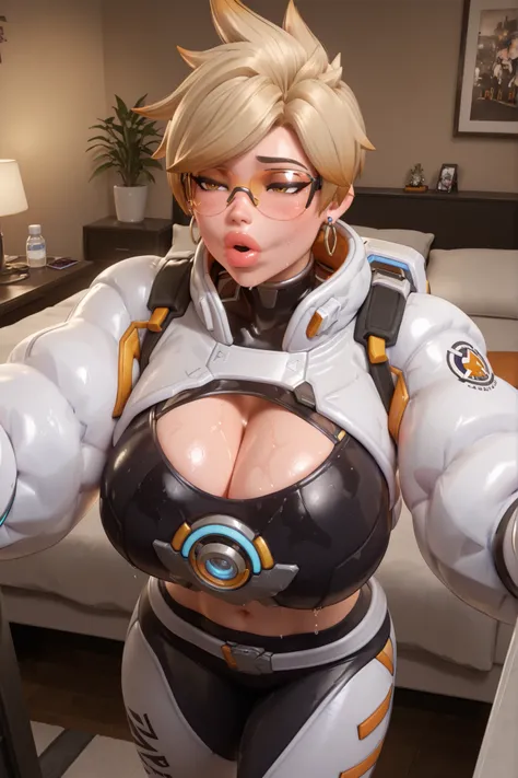 owtracer, le sserafim tracer, blonde hair, spiky hair, organge glasses, rimless glasses, earrings, crop top, cleavage cutout, puffy jacket, cropped jacket, leggings, 1girl, gigantic breasts, gigantic thighs, masterpiece, best quality, closeup, bedroom, 3D ...