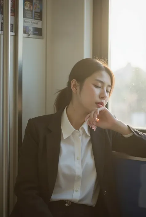 A young professional woman inside an early morning subway train, sitting on a seat with her hair tied back elegantly, dressed in a slightly formal outfit such as a neat blouse and blazer. She is peacefully sleeping, her head tilted slightly, eyes closed, c...
