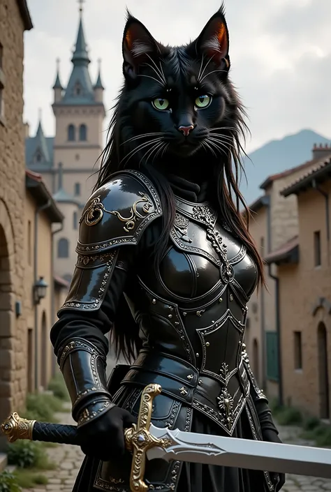 Photorealism,highly detailed photo,close angle,high definition,warm colors: cat girl(черная cat girl,a cross between a black girl and a black cat, cat features,cat ears,black fur,bright cat green eyes,in medieval knightly armor and a sword in her right han...