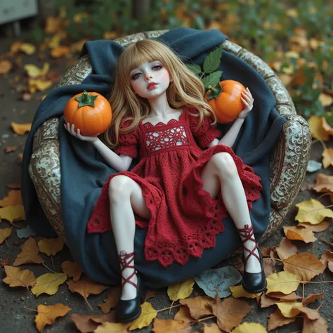 (((at SFW))), (Acutance:0.88), ExtremelyDetailed Dumped a beautiful detailed porcelain Little doll, Lying FullBody in FIBC, (Buried in Autumn Fallen Leaves:1.37), exquisite detailed face, soft innocent expression, Elaborate lace knitted red NightWear, Pano...